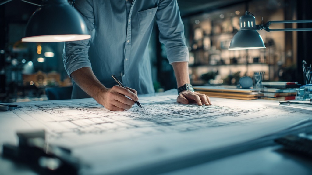 Architect sketching a detailed floor plan at a clean drafting table in a design studio