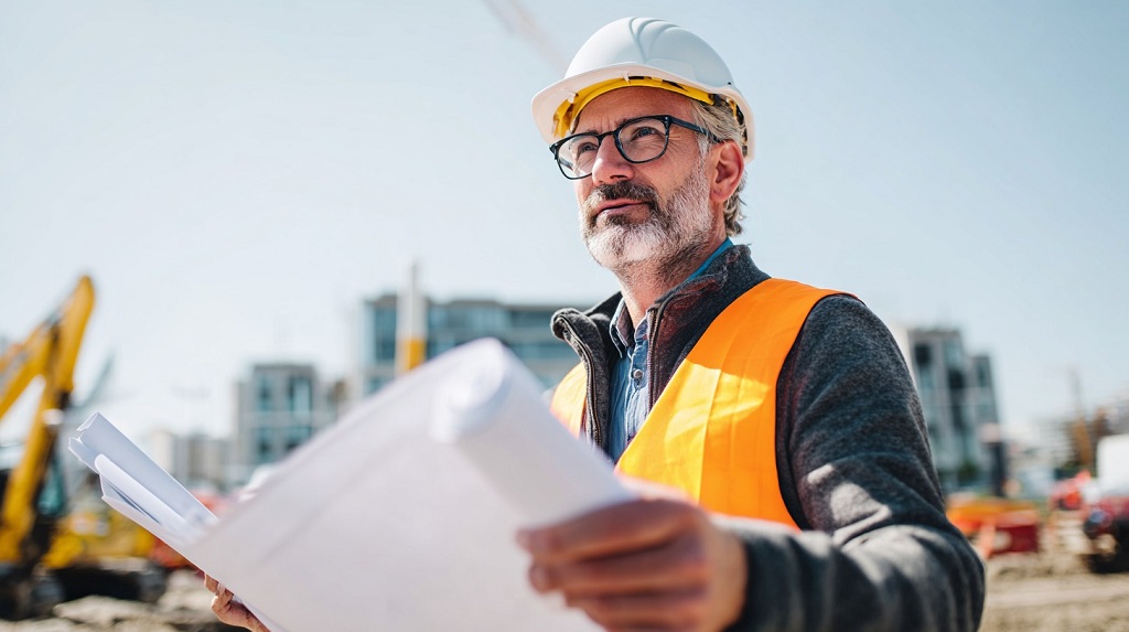 Construction manager holding blueprints at an active engineering construction site