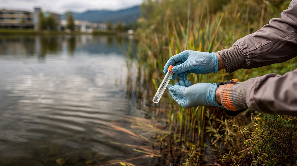 Environmental scientist wearing gloves collecting water samples from a lake for pollution analysis