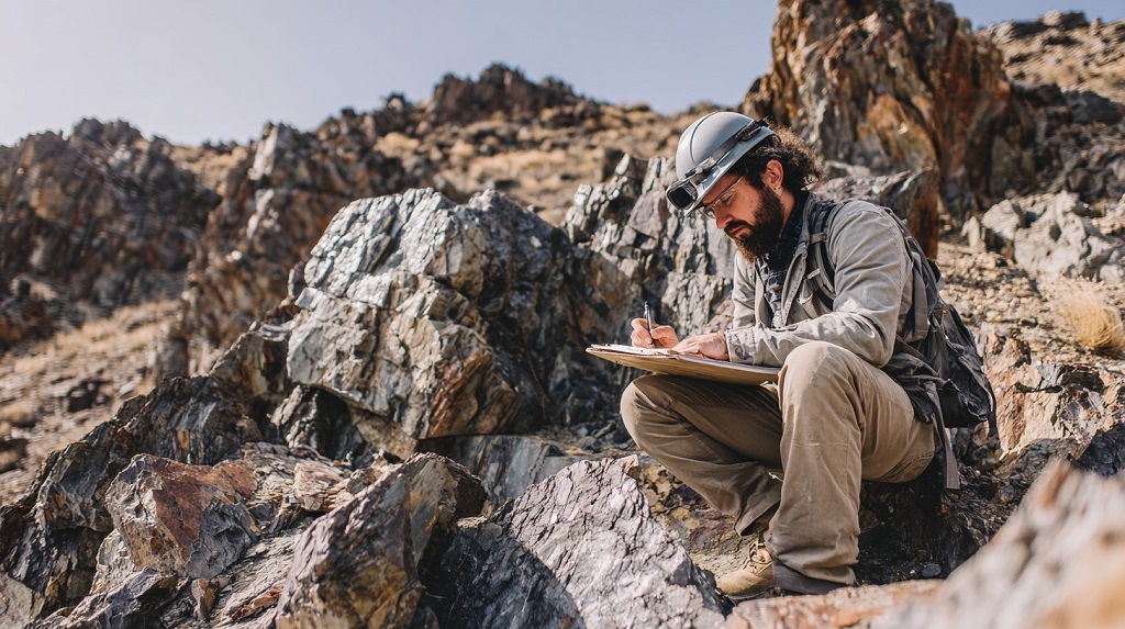 Geologist conducting field analysis of rock formations for environmental engineering purposes