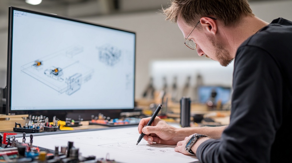 Industrial designer drawing product concepts with engineering schematics on screen