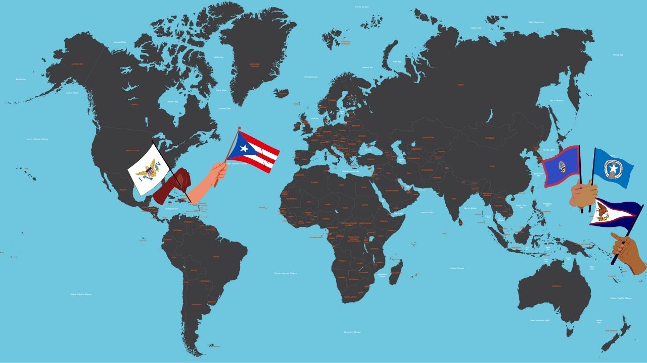 Illustrated map showing hands holding flags of US outside the mainland United States