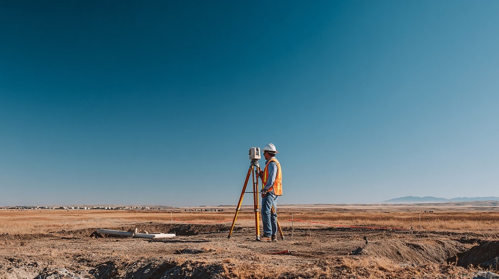 Land surveyor using a total station during a field engineering survey in a rural landscape