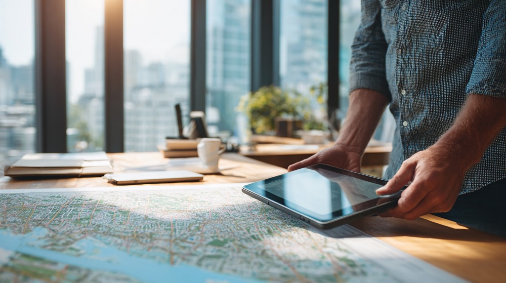 Urban planner using a tablet to analyze city zoning maps in a modern office